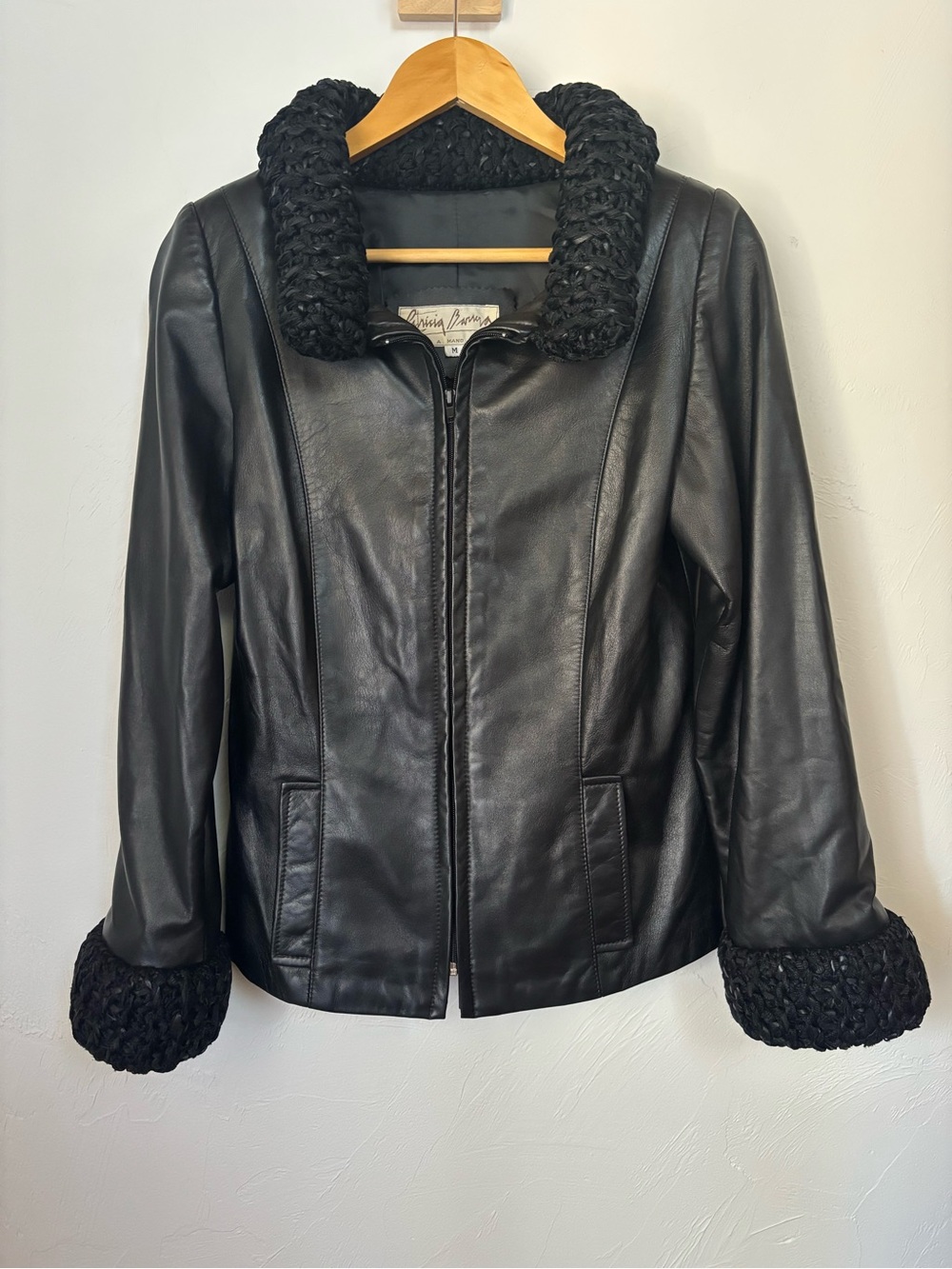 Vintage Patricia Barra Leather Jacket Woven Trim Handmade Chile Sz M